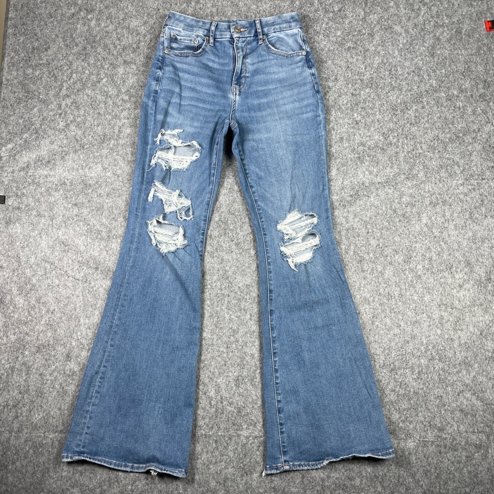 American Eagle Jeans Womens 4 Blue Curvy Super High Rise Flare Distressed‎